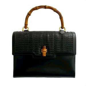 GUCCI Authentic Vintage Black Leather Bamboo Tote Bag